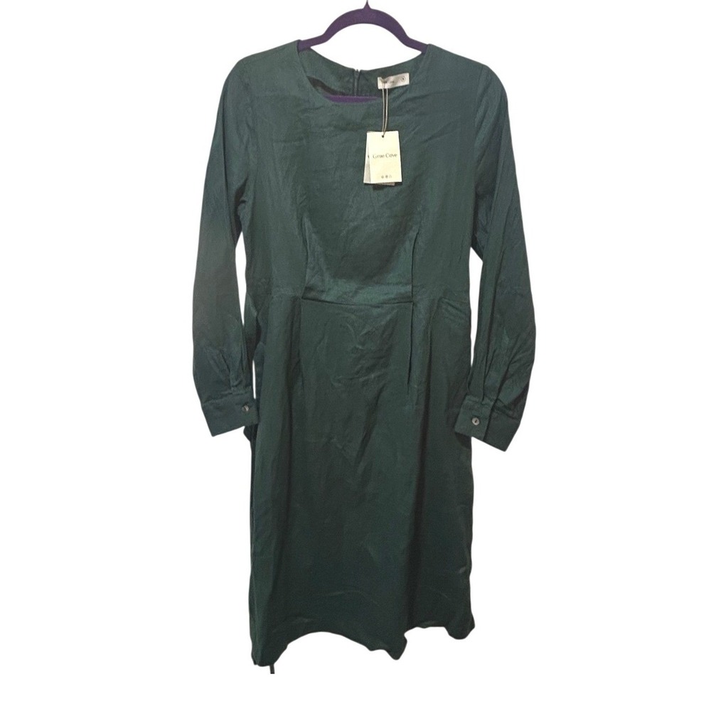 Grae Cove 100% Linen Midi Wrap Dress Boutique Medium Green Belted A-Line Earthy